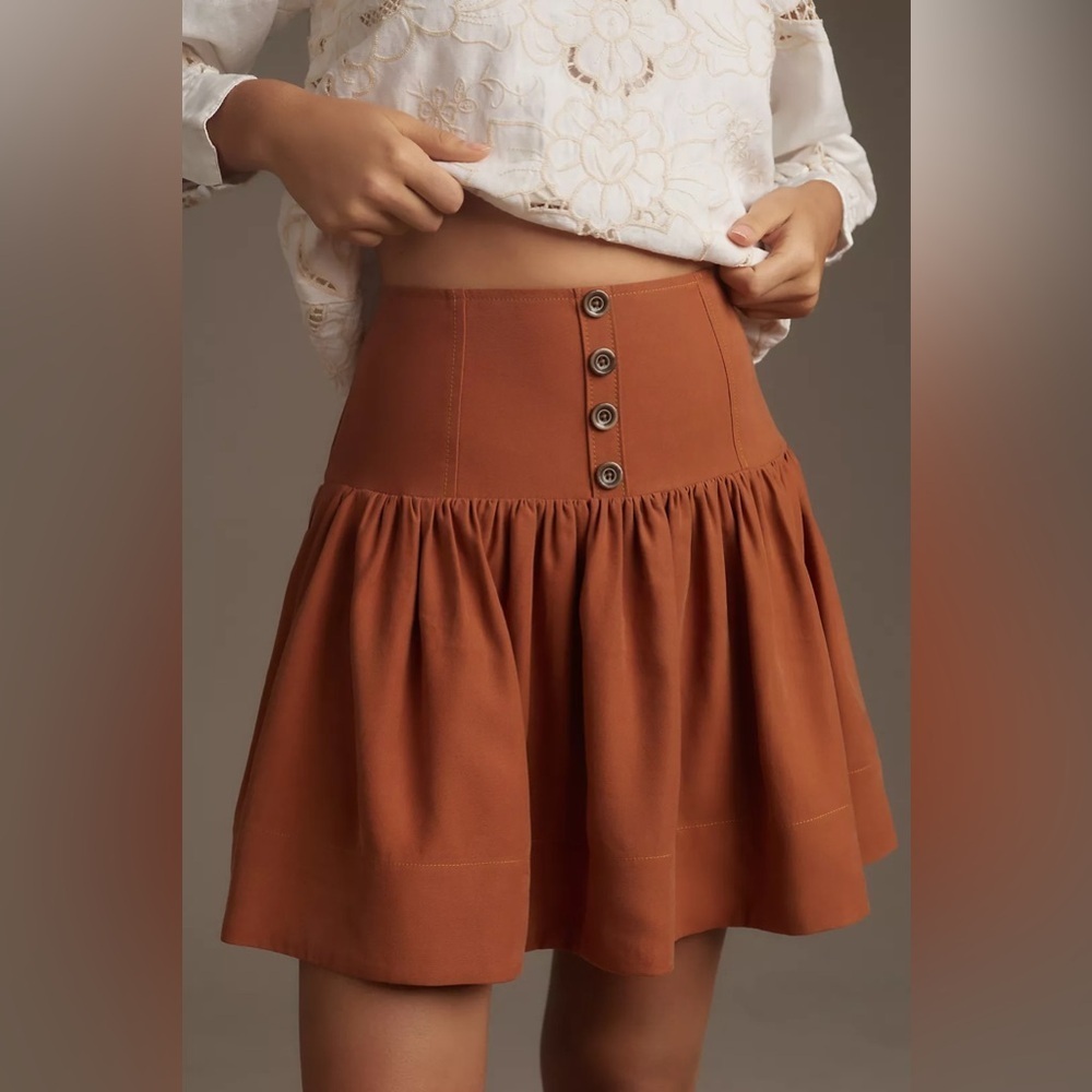 Anthropologie Brown Smocked Skater Mini Skirt